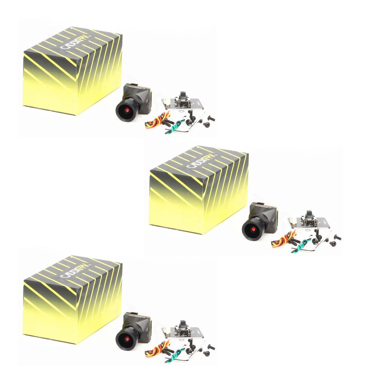 A yellow and black cardboard box for an FPV camera for RC drones with night vision components.