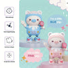 A cute, soft toy pig in blue and pink colors is shown with educational icons.
