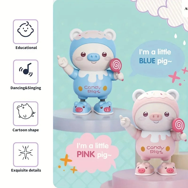 A cute, soft toy pig in blue and pink colors is shown with educational icons.