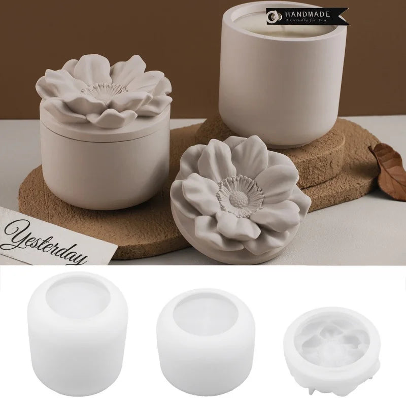 A set of white silicone floral molds for decorative storage jars and candle cups shown in various forms.