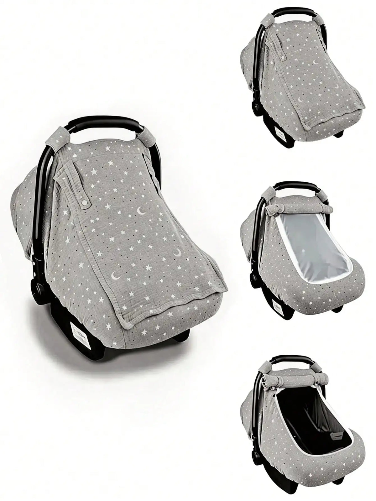 Gray breathable baby stroller sunshade cover with mosquito protection shown in multiple views