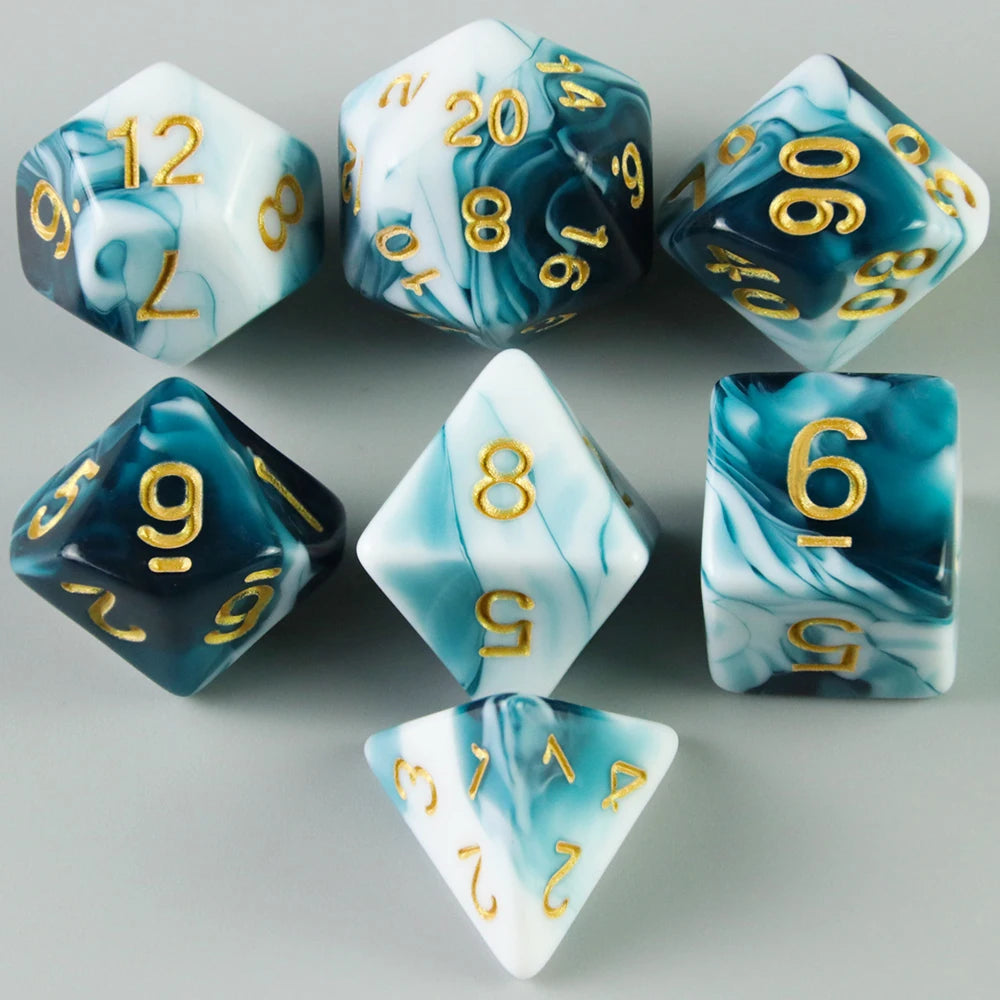 A set of acrylic dice featuring a marbled blue and white effect with gold numbering.