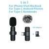 A black wireless lavalier microphone with a fuzzy windscreen and an iOS adapter and OTG cable.