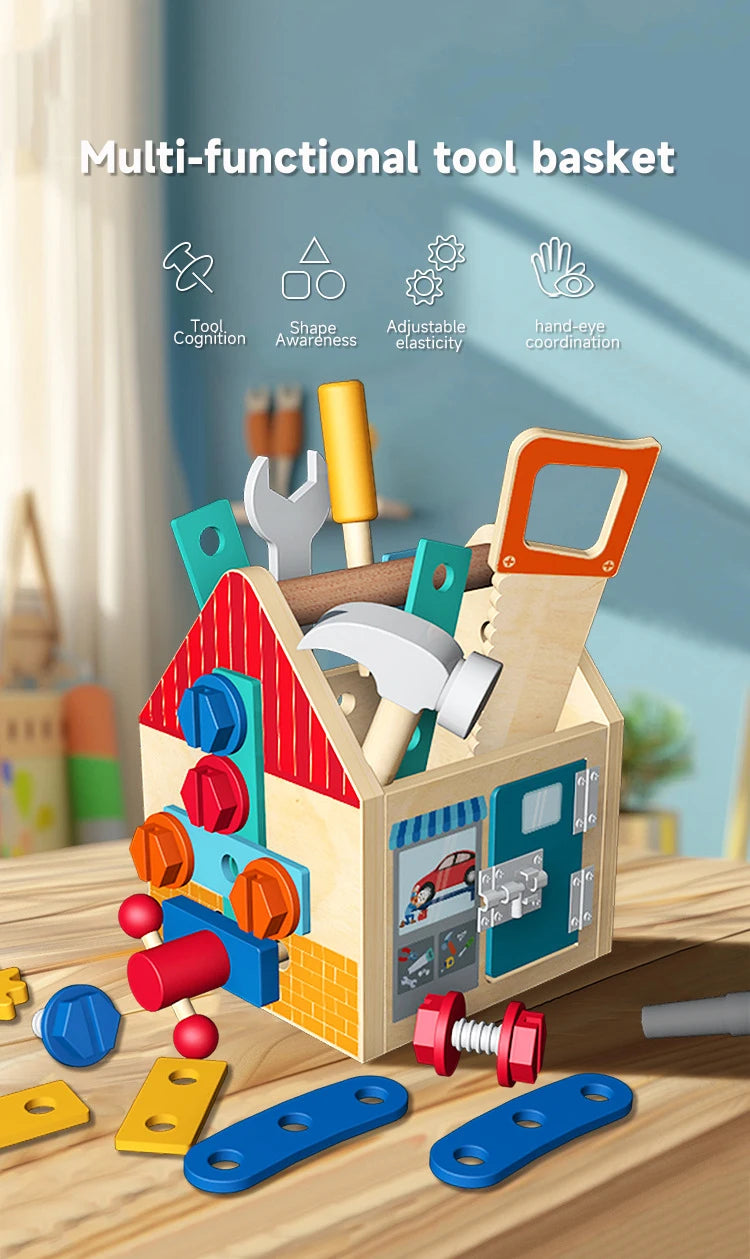 A wooden multi-functional tool basket featuring various tools like a hammer and screwdriver inside a house structure.