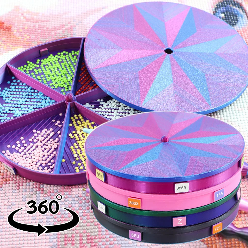 A set of rotating diamond painting storage trays and organizers in various colors like purple pink green and blue.