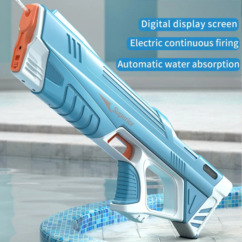 A light blue electric automatic water gun is shown angled on a tiled surface.