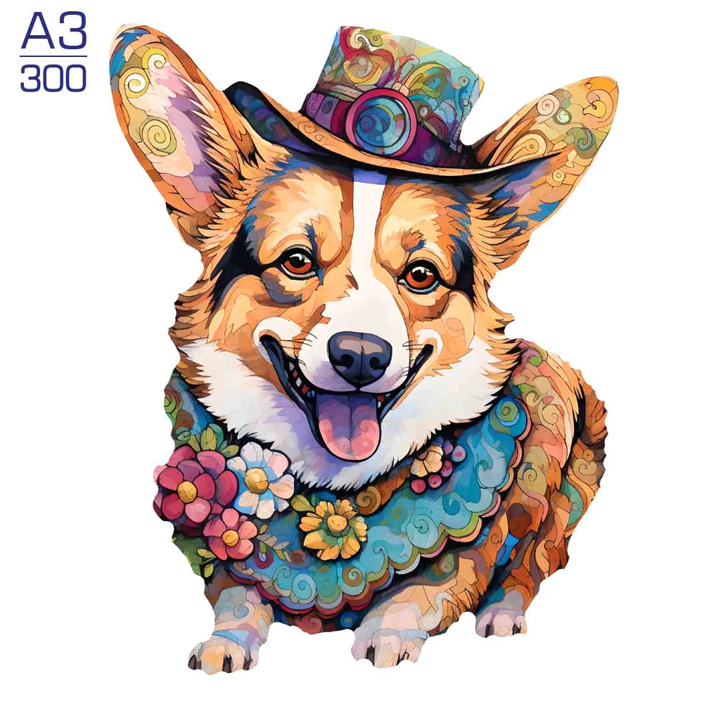 A watercolor illustration of a dog wearing a cowboy hat and colorful floral collar.