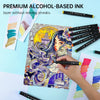A hand is using a black alcohol-based ink marker to draw on colorful paper, surrounded by other markers.