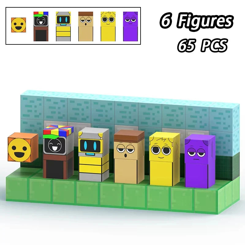 A set of six colorful magnetic building blocks featuring various cartoon faces and characters for kids' STEM learning.