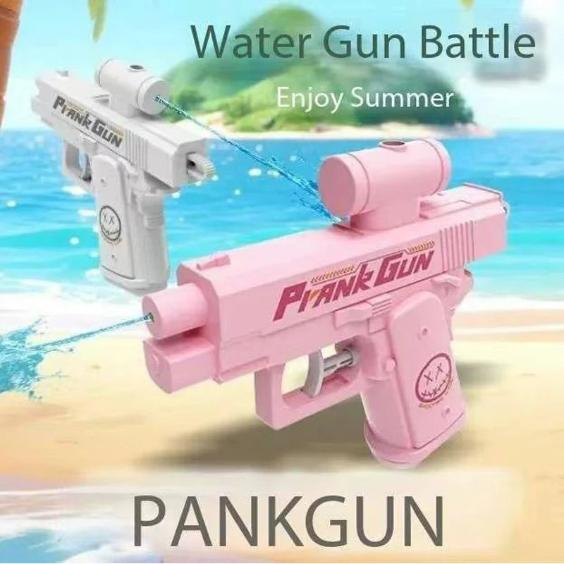 Pink prank gun water gun toy being used in a summer battle against another gun.