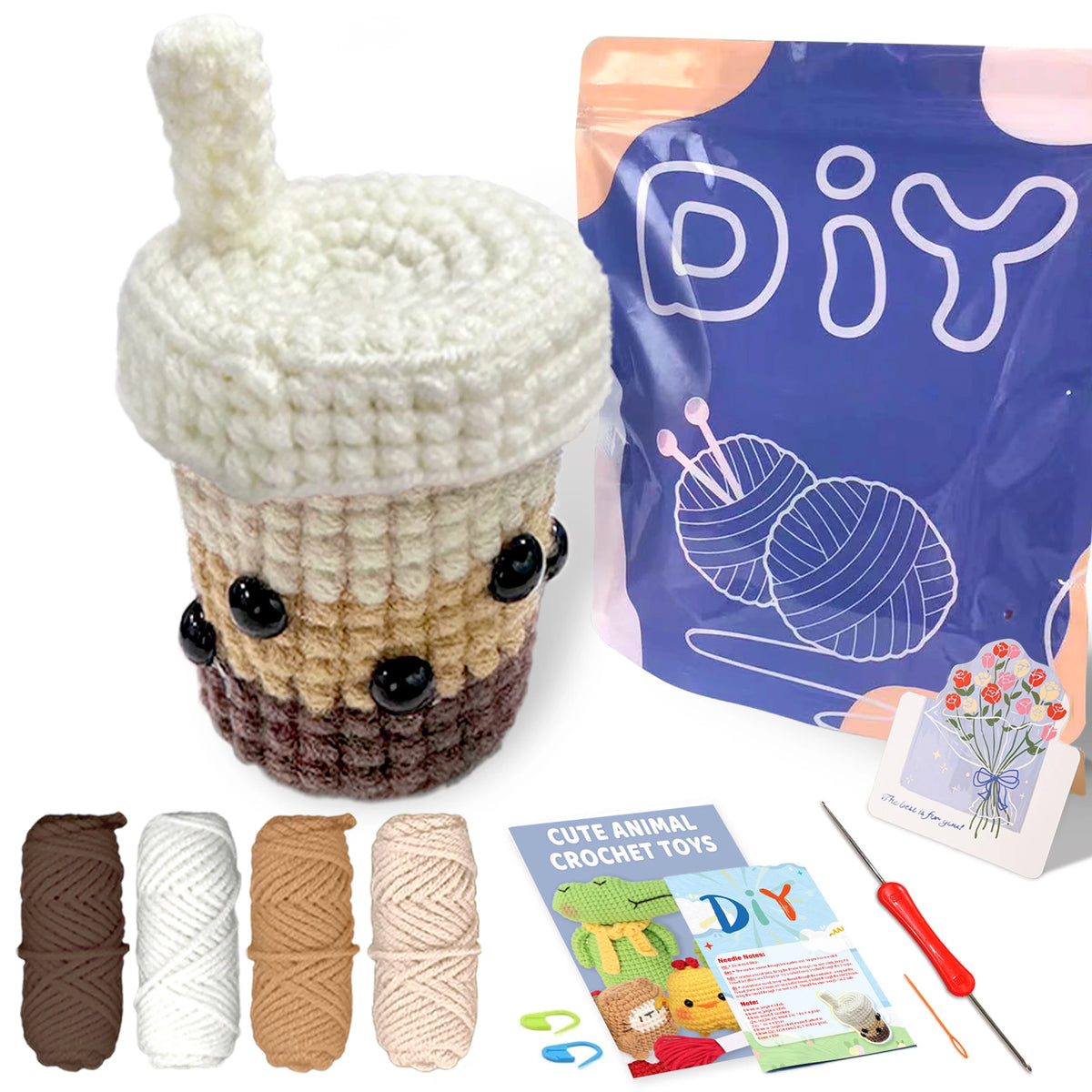 A beginner crochet kit for amigurumi animals showing a finished white animal and various yarn colors and tools.
