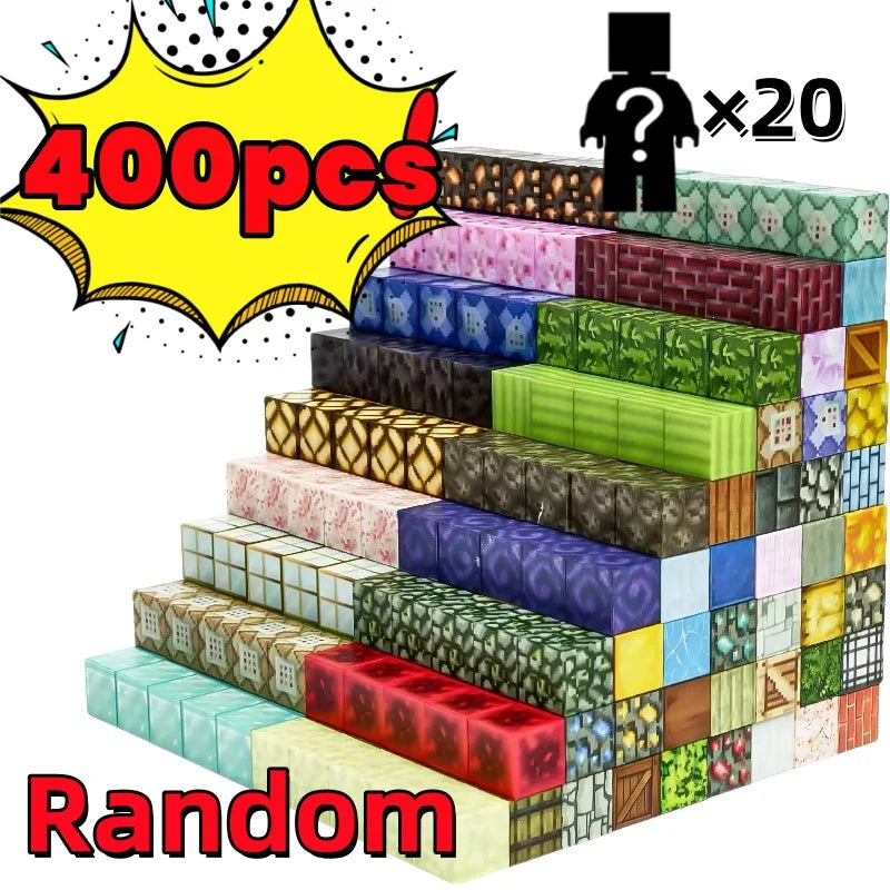 A stack of 400 magnetic building cubes in various colors and patterns, with a question mark icon indicating 20 pieces.