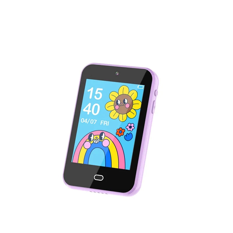 A purple kids smartphone toy displaying a yellow flower icon and the date 04/07 FRI.