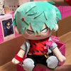 A plush doll of an anime character with teal hair and red clothing sitting in a pink box.
