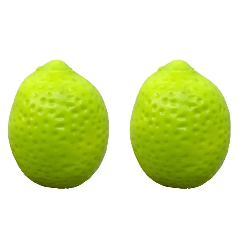 A bright lime green lemon-shaped stress ball with a crunchy squishy texture.