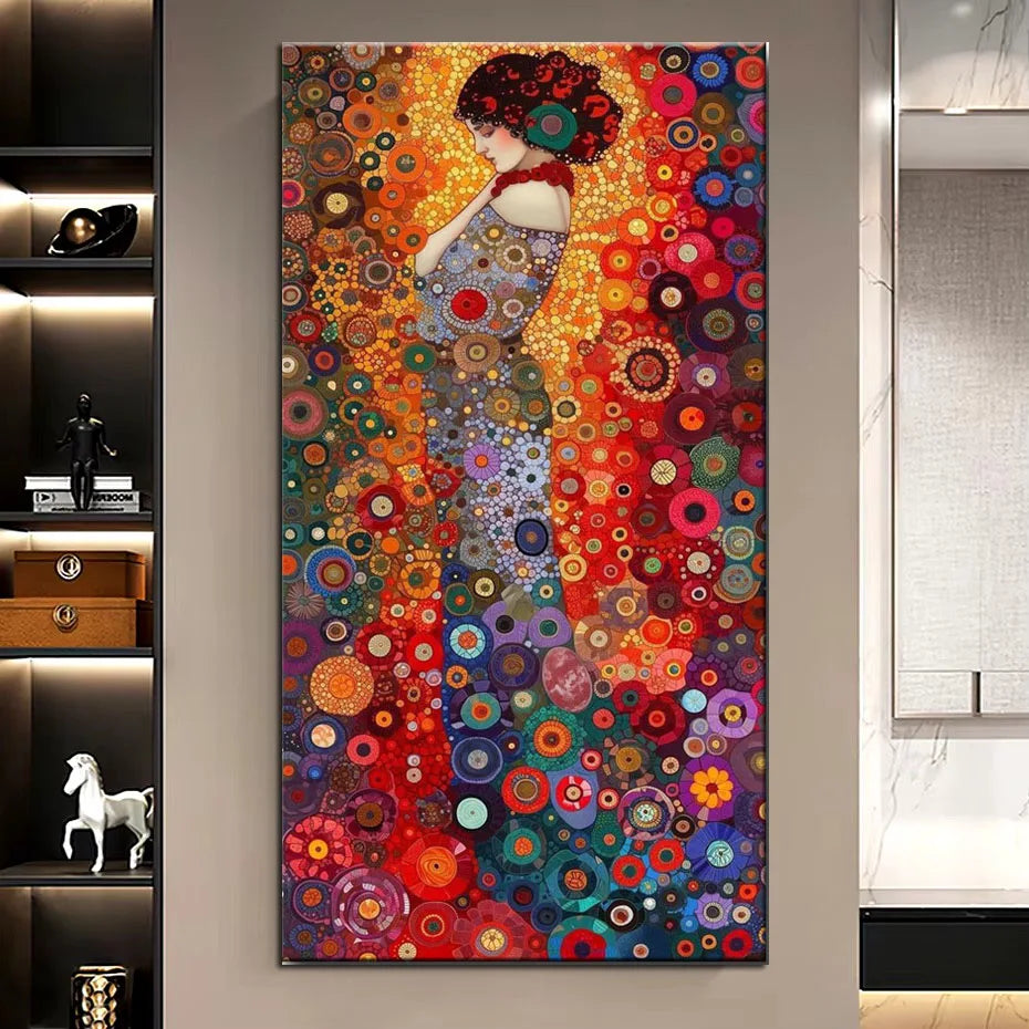 A vibrant diamond painting featuring a woman in an ornate, colorful dress against a richly textured background.