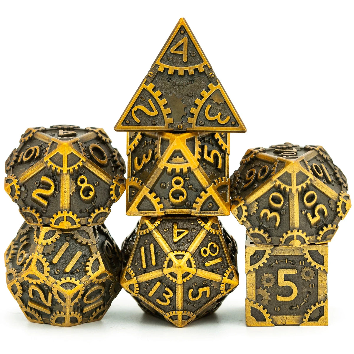 Steampunk Metal Dice Set - 7-Piece Polyhedral RPG Dice