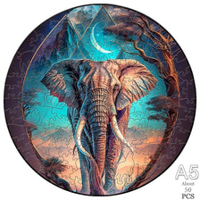 A circular jigsaw puzzle depicting an elephant silhouette against a twilight sky and tree branches.