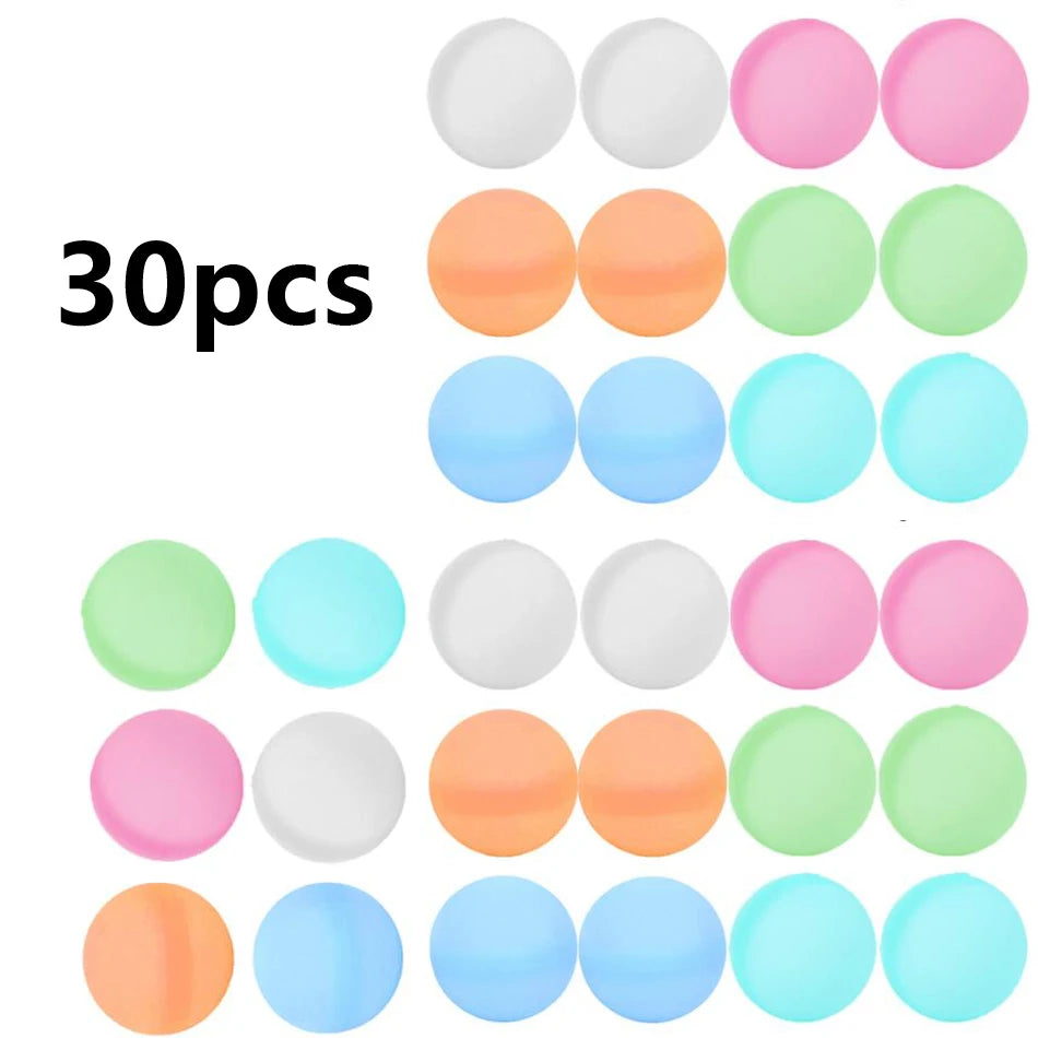 A collection of 30 reusable quick-fill water balloons in various pastel colors including pink, orange, green, and blue.