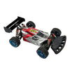 A red and silver hard tail wing upgrade for an RC car, featuring a large spoiler and specialized wheels.