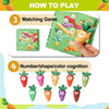 A set of nine carrot-shaped pull toys in various colors and sizes for a matching game.