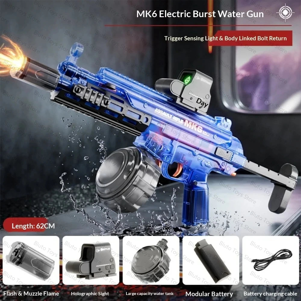 Blue MK6 electric burst water gun with trigger sensing and body linked bolt return shown in a close-up shot.