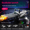 A gray dual-tube luminous water gun is shown firing a stream of water, with accessories like a modular battery and handlebar 