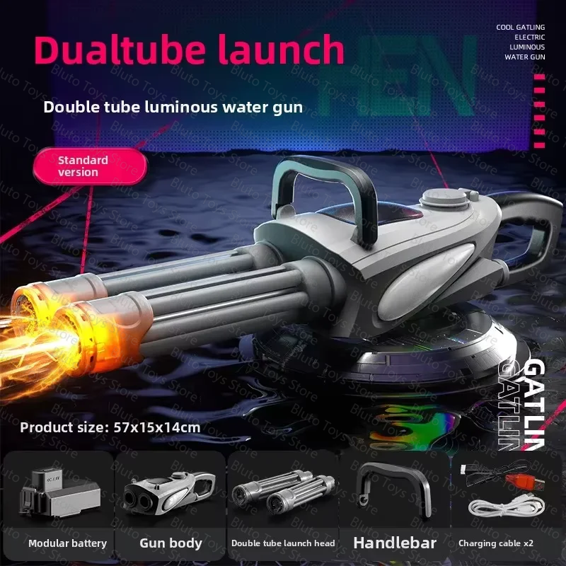 A gray dual-tube luminous water gun is shown firing a stream of water, with accessories like a modular battery and handlebar 