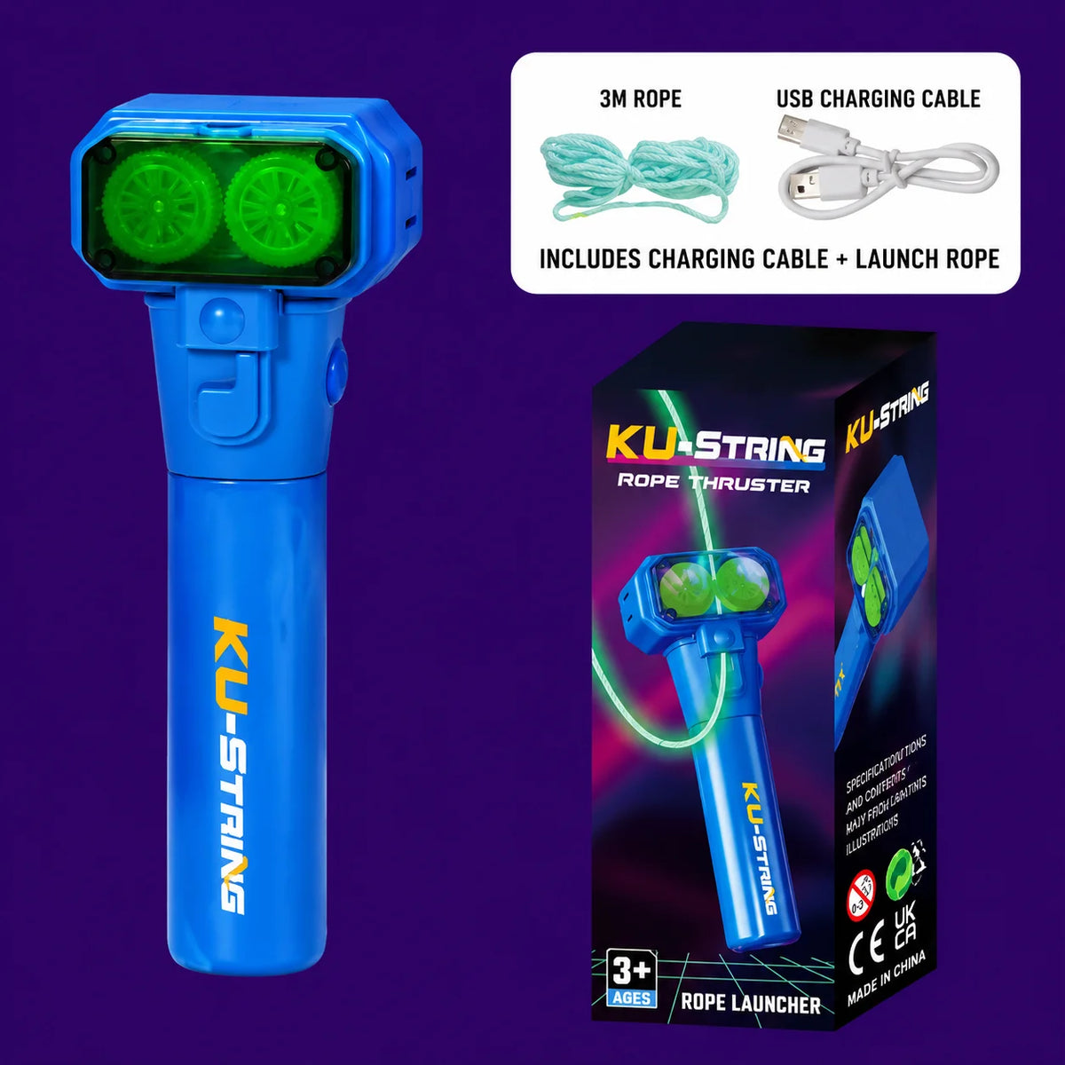 Blue KU-STRING rope thruster with flashing LED lights and accessories for a glow-in-the-dark string launcher