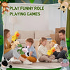 A group of children and an adult are playing with a set of soft plush animal hand puppets in a bright indoor setting.