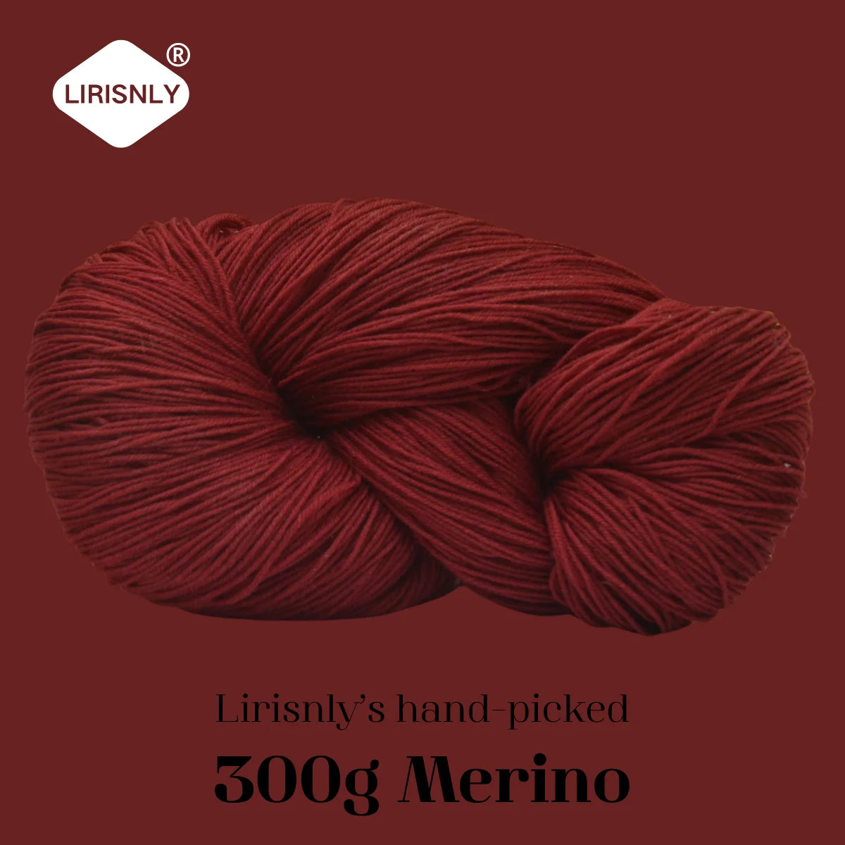 A ball of deep red merino wool yarn labeled Lirisnly