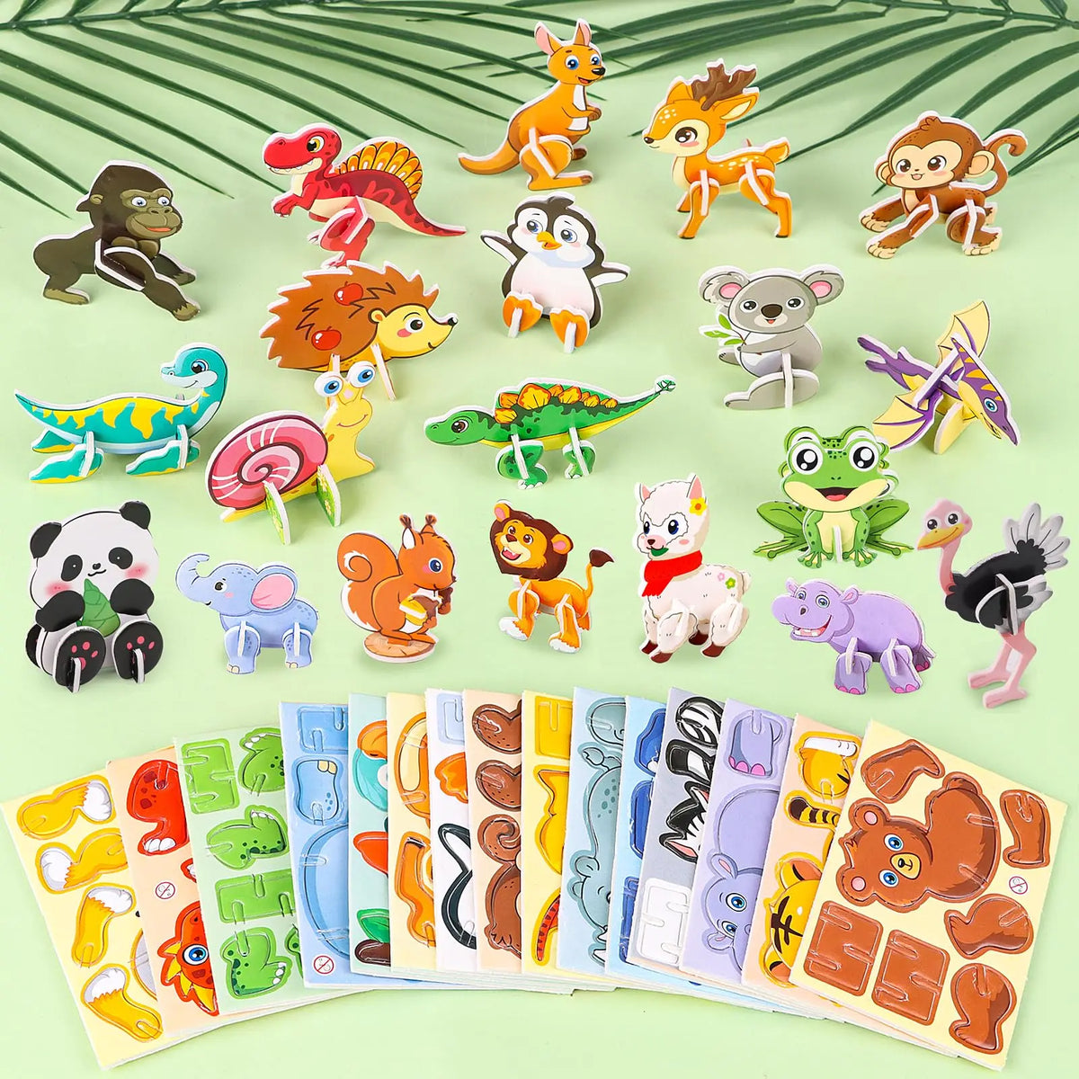 A colorful 3D DIY cardboard puzzle set featuring various animals, dinosaurs, insects, and vehicles.