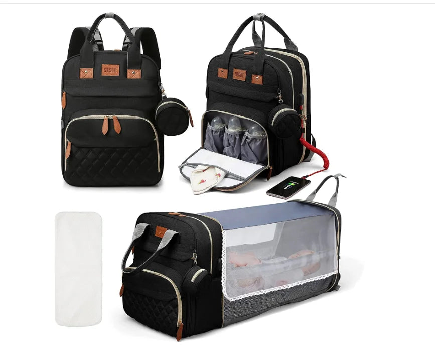 Schwarzer faltbarer Wickeltaschen-Rucksack mit mehreren Fächern und klarem Stauraum für Reisen.