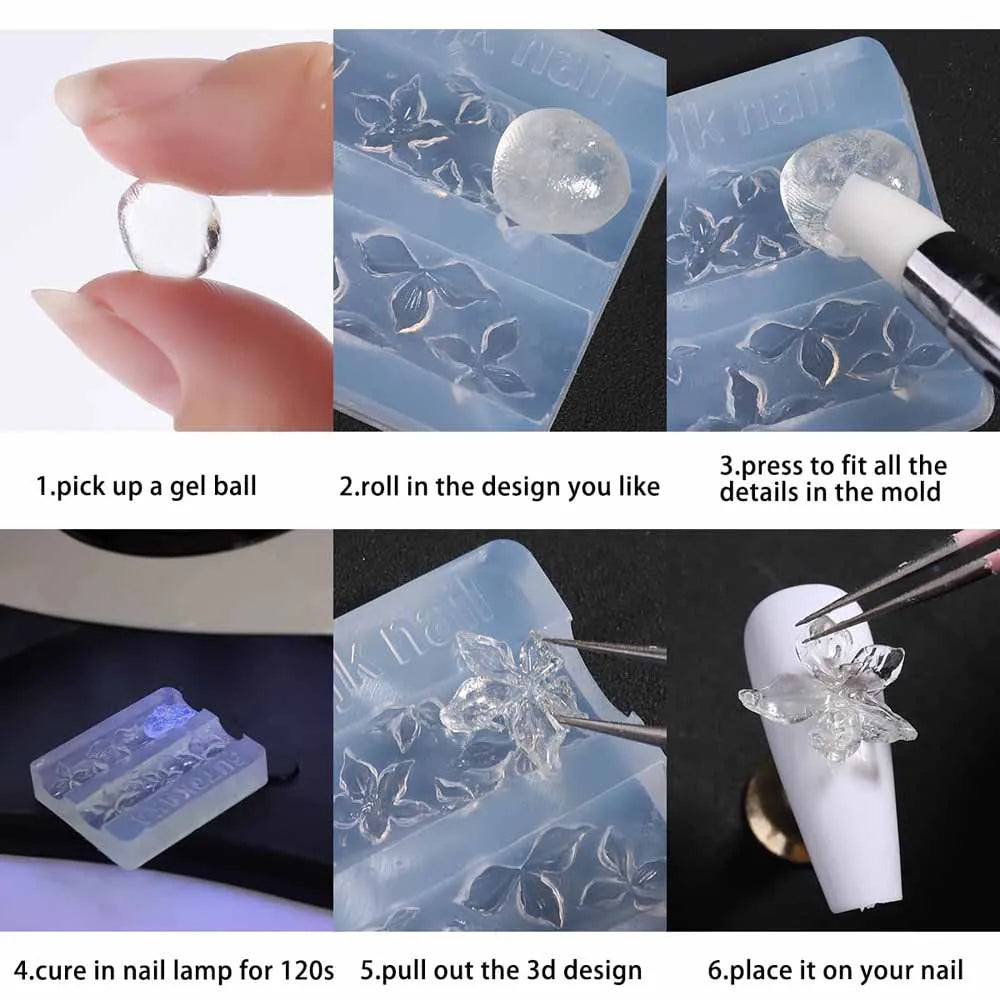 Step-by-step guide showing how to use 3D bowknot silicone nail molds and a carving pen to create nail designs.