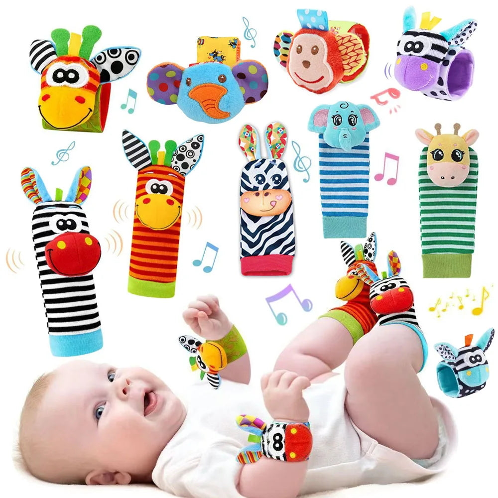 Collection de bracelets et chaussettes sensorielles colorées pour bébés, avec des formes d'animaux comme les singes et les él