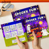 Hands hold a colorful Spooky Fun Halloween coloring book with detailed illustrations.