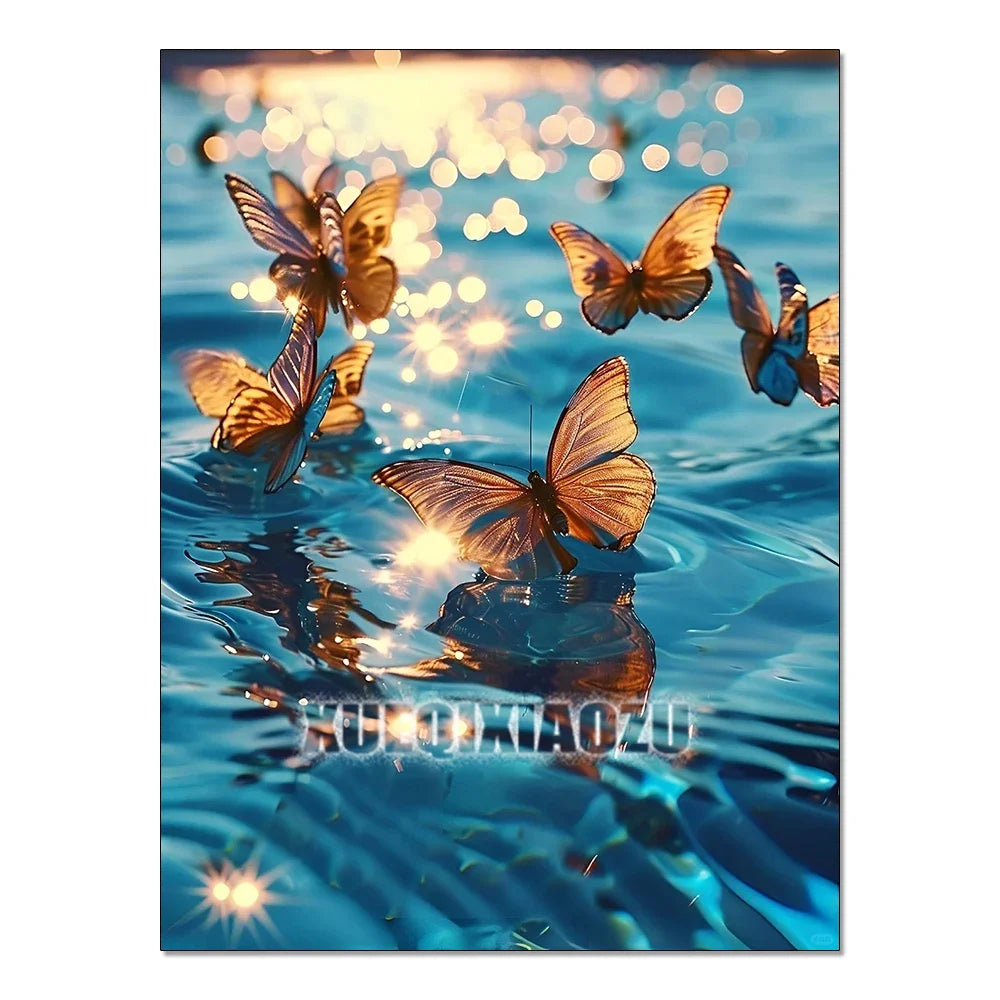 A close-up of a butterfly reflection on blue water with sparkling light effects.