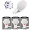 A portable LED selfie ring light with a clip shown in various charging and usage modes.