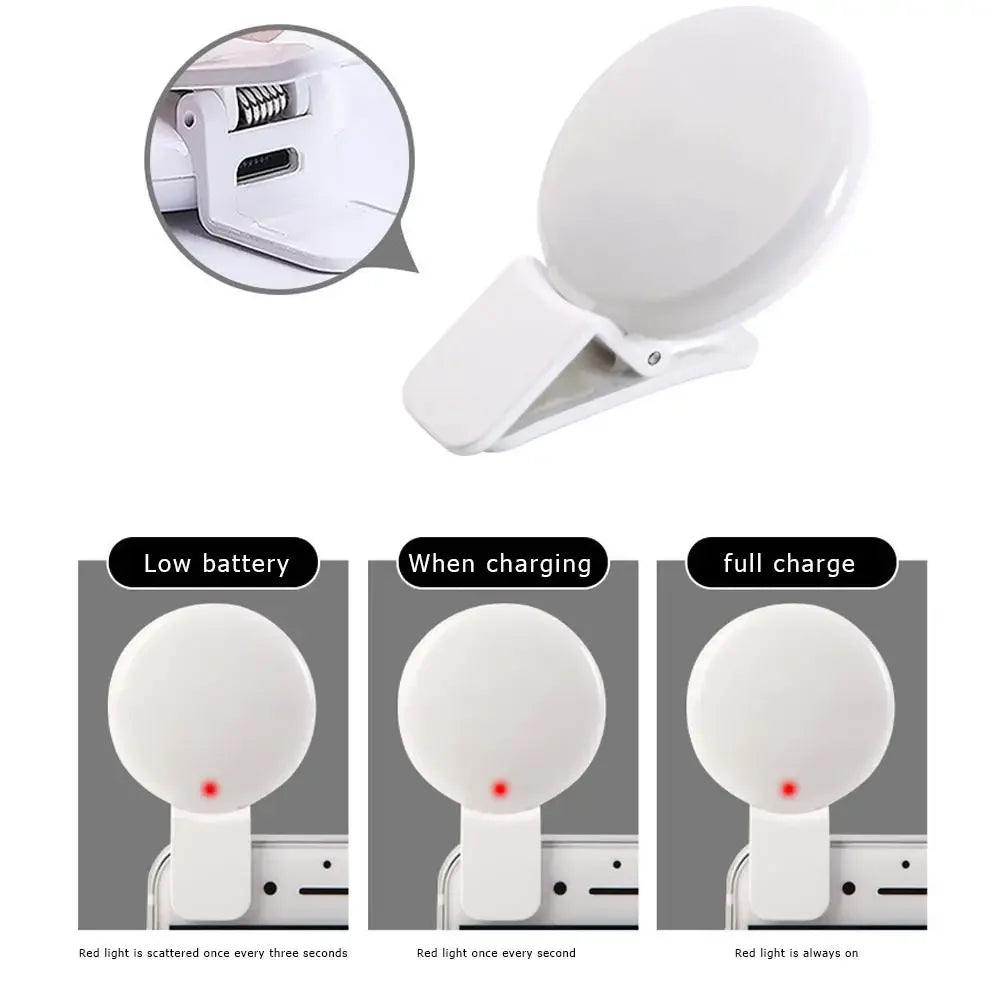 A portable LED selfie ring light with a clip shown in various charging and usage modes.