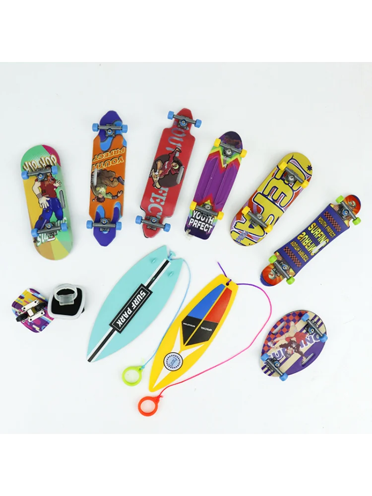 A collection of various finger skateboards in different colors and designs arranged on a white background.
