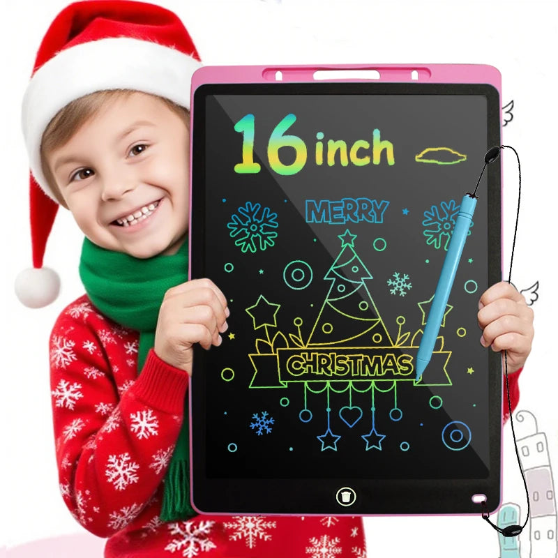 A smiling child wearing a red and white Santa hat and green scarf holds a pink 16-inch multi-color LCD writing tablet with Ch