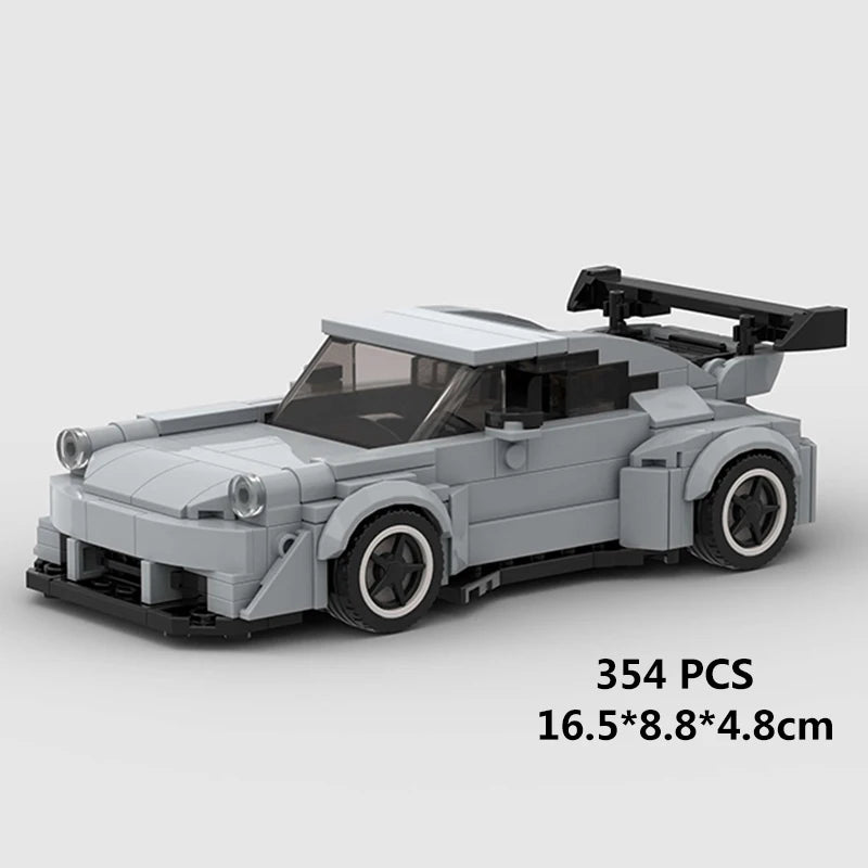 A gray classic rally car building block set with a black roof and large spoiler.