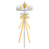 A silver and gold royal princess crown playset with a yellow ribbon and stand.