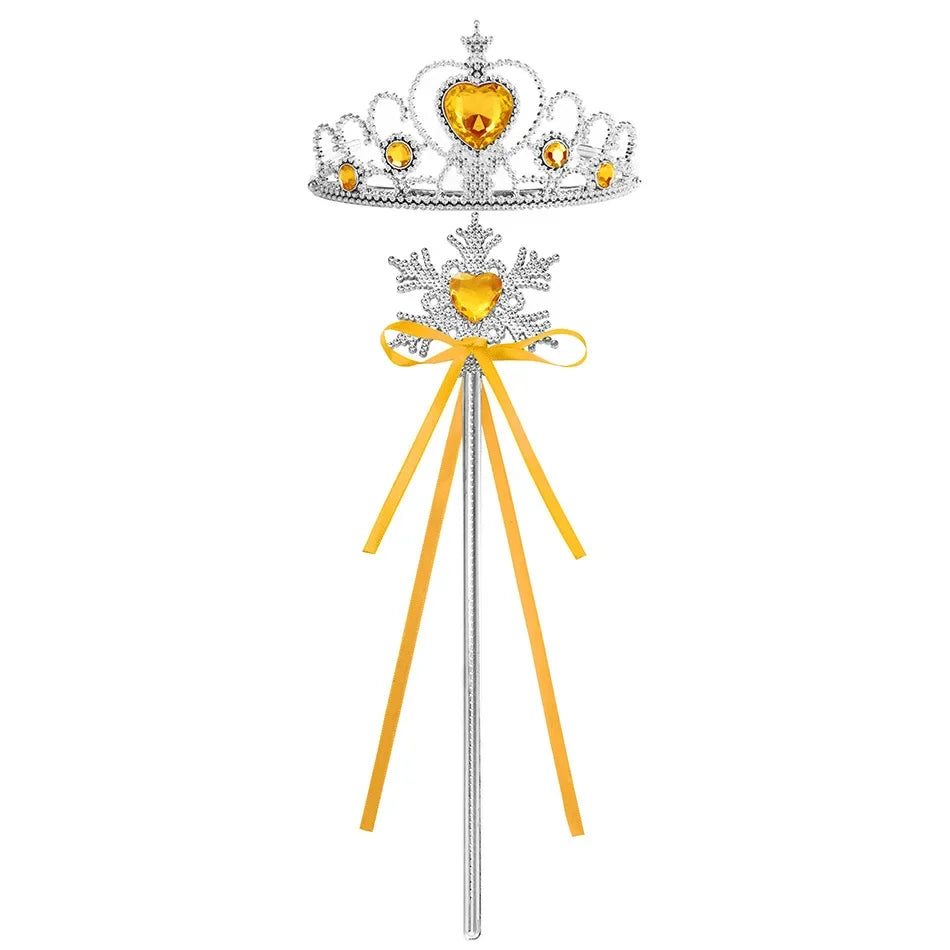A silver and gold royal princess crown playset with a yellow ribbon and stand.