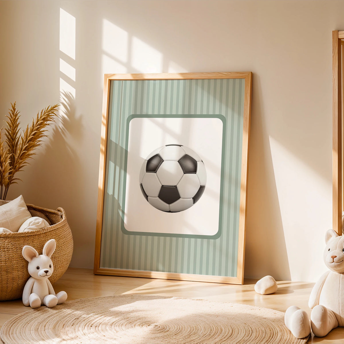 A framed canvas wall art featuring a soccer ball design with a light green striped background.