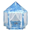 A light blue foldable play tent shaped like a castle for children, featuring sheer fabric and decorative elements.
