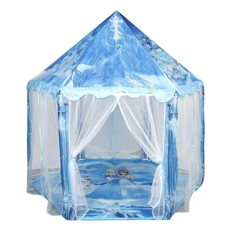 A light blue foldable play tent shaped like a castle for children, featuring sheer fabric and decorative elements.