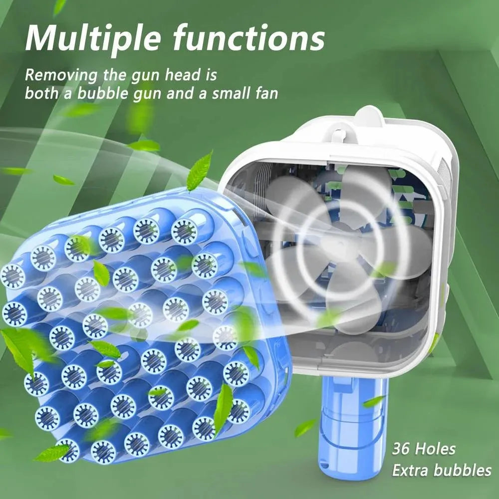 A white bubble gun is shown next to a blue bubble solution, demonstrating its multiple functions for making bubbles.
