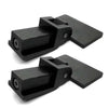 Black hinge set for a universal turntable dust cover, featuring two interlocking pieces.