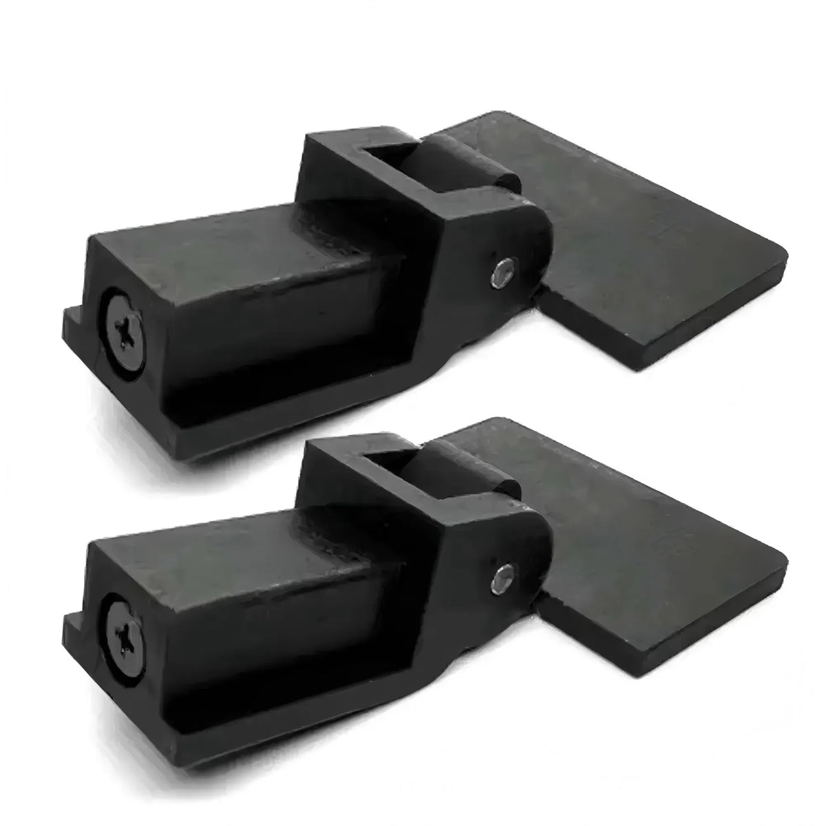 Black hinge set for a universal turntable dust cover, featuring two interlocking pieces.
